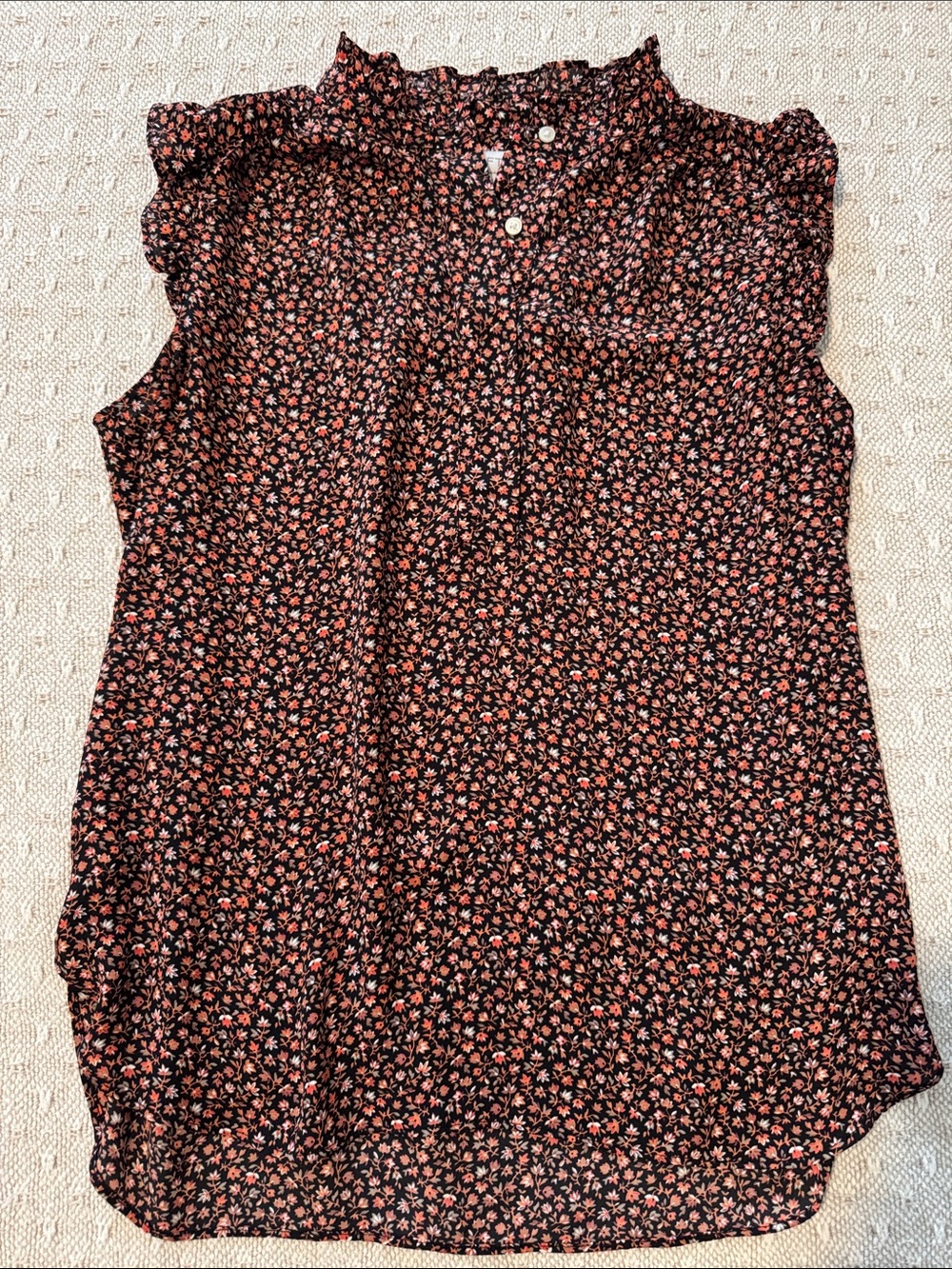 LOFT Black Sleeveless Ruffle Neck Blouse with Coral Floral Print